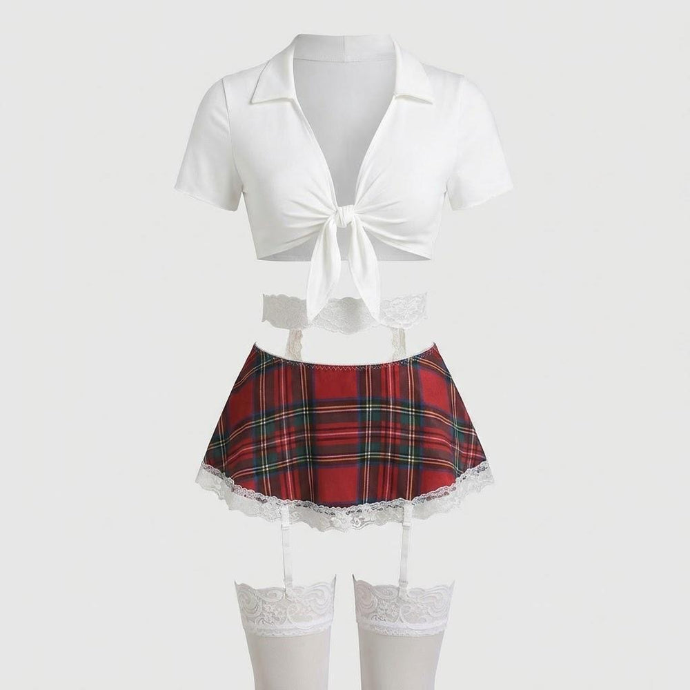 Ensemble Lingerie Écolière Sexy 4 Pièces - Déguisement Coquin Carreaux Écossais Dentelle Blanche
