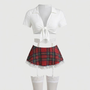 Ensemble Lingerie Écolière Sexy 4 Pièces - Déguisement Coquin Carreaux Écossais Dentelle Blanche