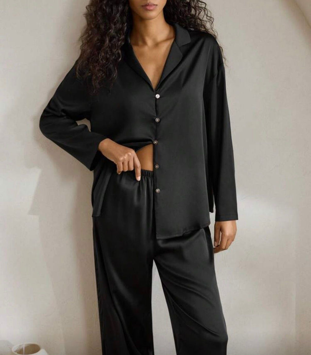 Ensemble Pyjama Satin - Chemise & Pantalon Vert Sauge