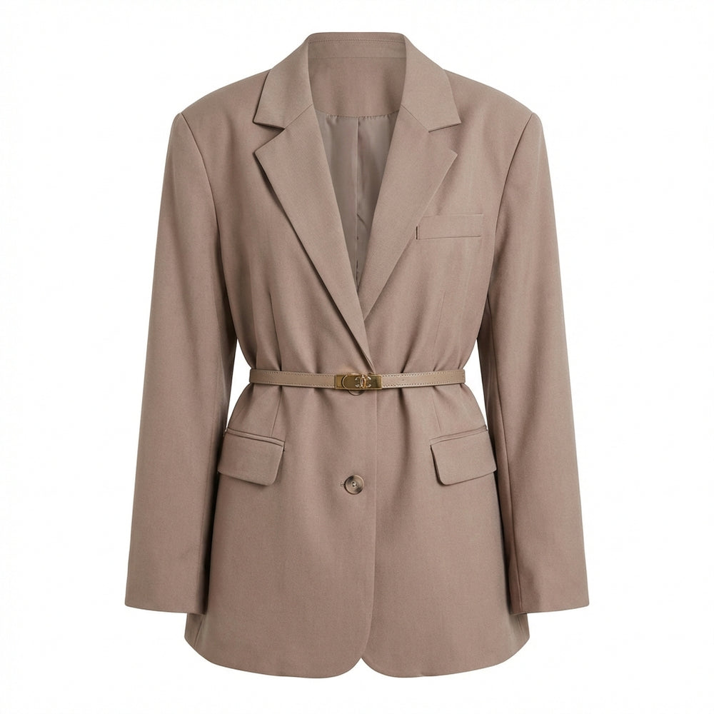 Blazer Robe Taupe Clair - Ceinture Dorée et Poches Plaquées