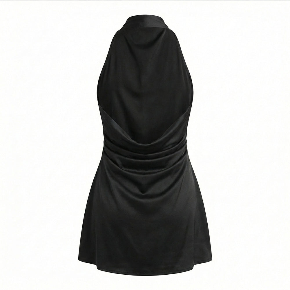 Short Draped High Neck Dress - Elegant Sleeveless Mini Dress with Sculpting Effect 
