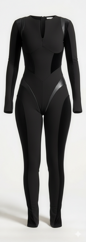 Combinaison Moulante Noire Asymétrique Cuir - Manches Longues