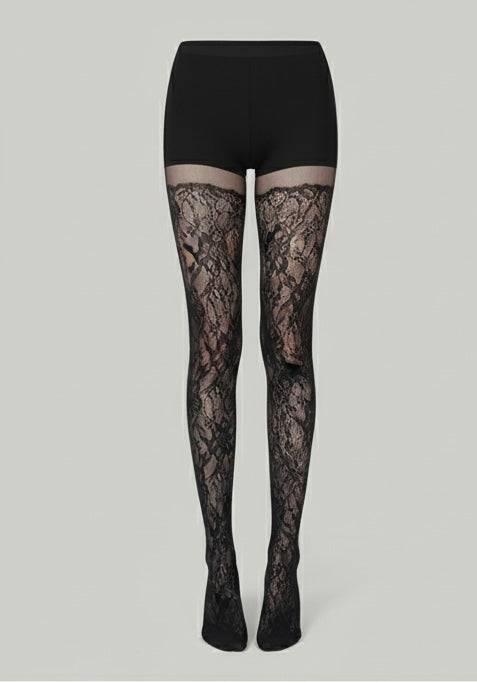 Collants Dentelle Florale Noire - Motif Intégral Élégant
