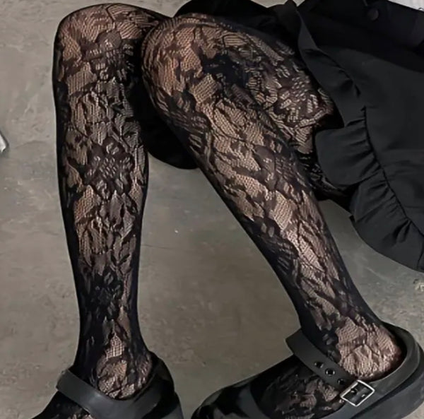 Collants Dentelle Florale Noire - Motif Intégral Élégant