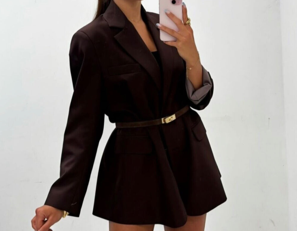 Blazer Robe Chocolat - Ceinture Dorée et Coupe Cintrée