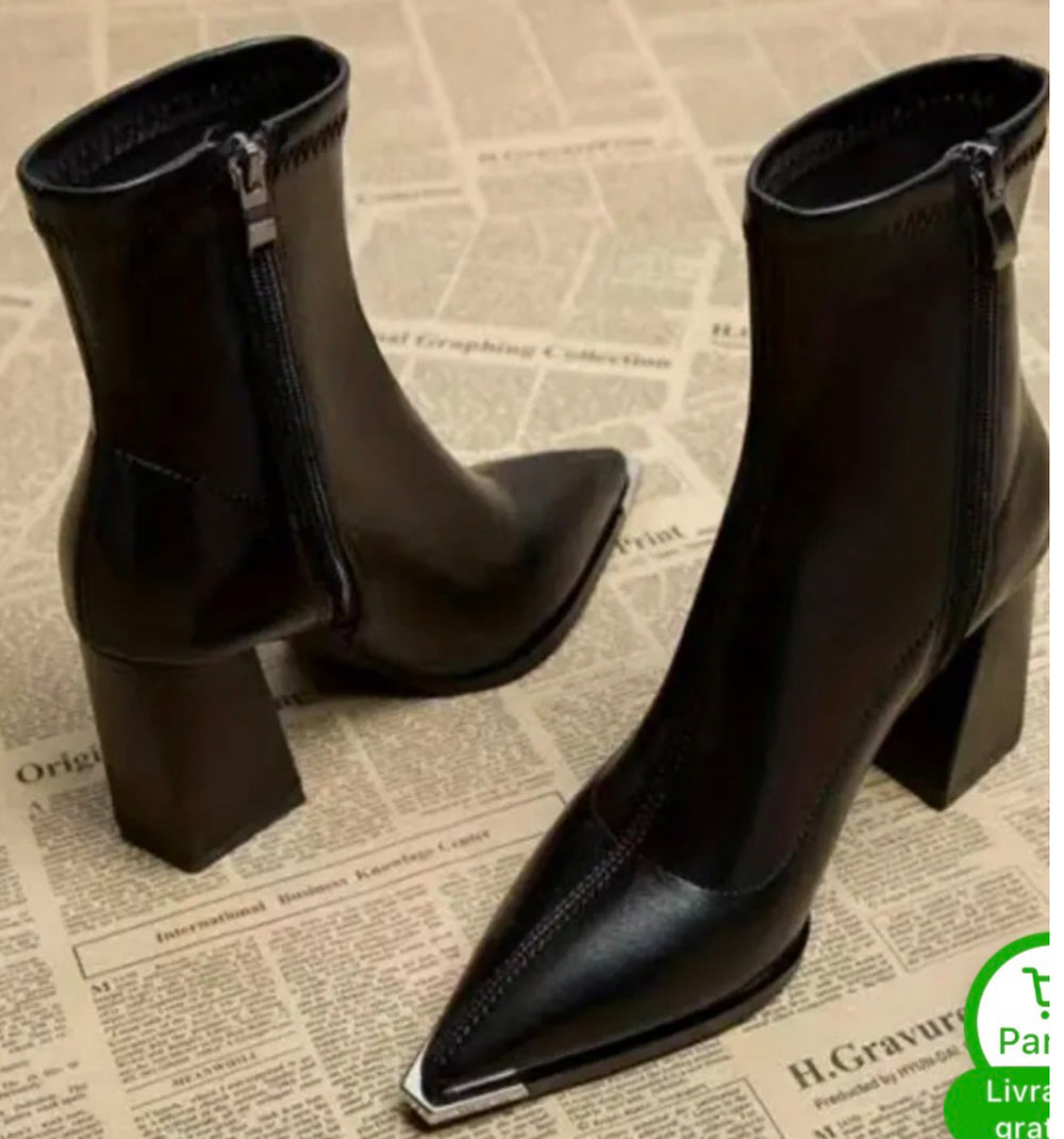 Bottines Noires Bout Carré - Talon Bloc et Zip Frontal