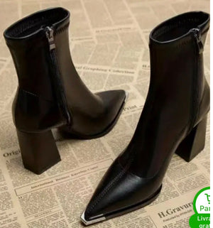 Bottines Noires Bout Carré - Talon Bloc et Zip Frontal