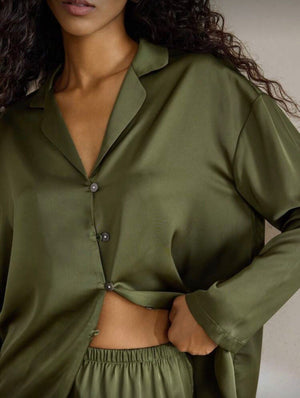 Ensemble Pyjama Satin - Chemise & Pantalon Vert Sauge