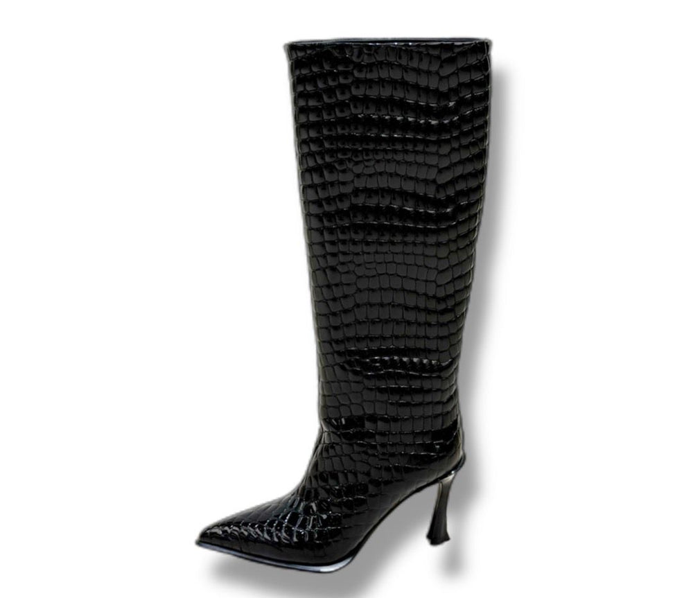 Bottes Hautes "Prestige" - Effet Croco Verni Noir