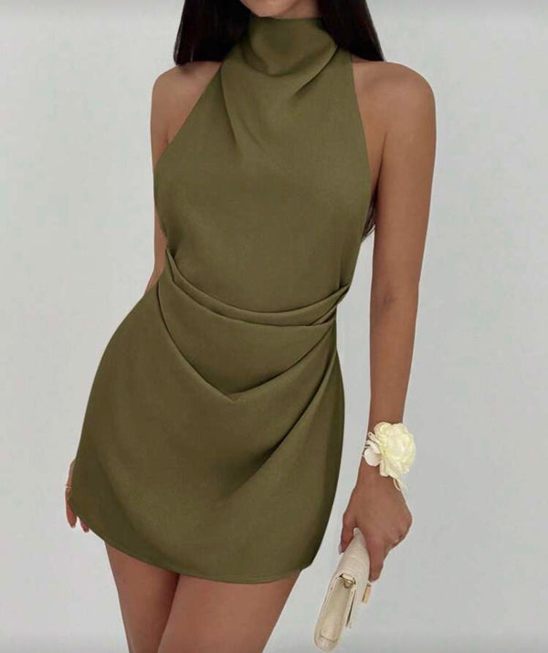 Robe Courte Col Montant Drapée - Mini Robe Élégante Sans Manches Effet Sculptant